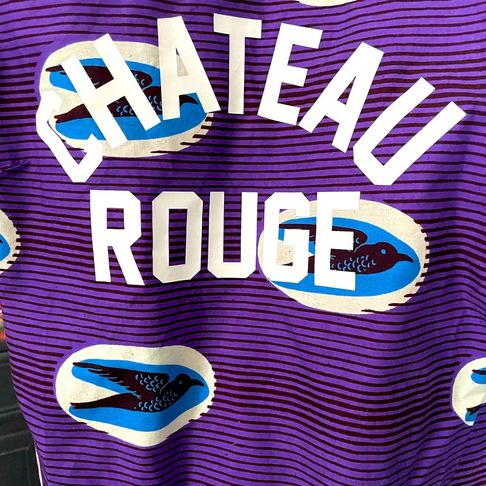 Maison Chateau Rouge LG purple black stripe ethnic pattern athletic lettering